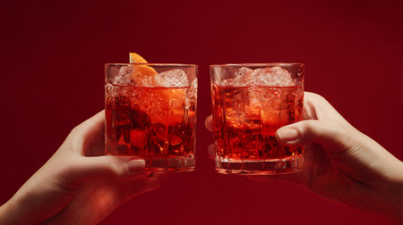 two glasses of red cocktail with ice cubes and orange on red backgroundの素材