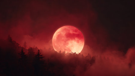 Red full moon over the forest in the fog. Halloween concept.の素材