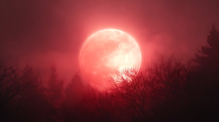 Full red moon over the forest in the winter, 3d renderの素材