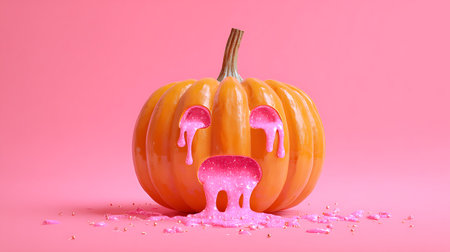 Halloween pumpkin with pink candy on a pink background. 3d renderingの素材
