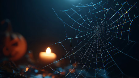 Halloween spider web with burning candle on dark background with copy spaceの素材