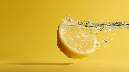 Lemon falling into water with a splash on a yellow background.の素材