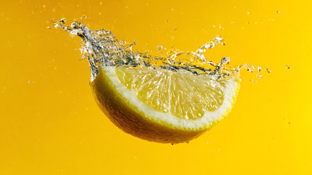 Lemon falling into water with a splash, isolated on yellow backgroundの素材