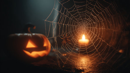 Halloween pumpkin with spider web on dark toned foggy backgroundの素材