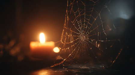 spider web with burning candle in the dark, halloween conceptの素材