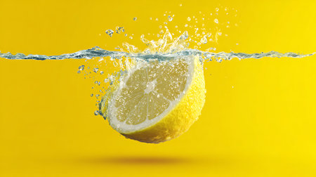 Lemon splashing into water on a yellow background. 3d renderingの素材