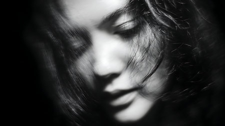 Portrait of a beautiful woman with long black hair. Close-up.の素材