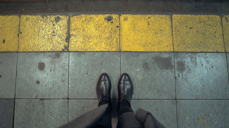 Selfie of businessman feet standing on the yellow and gray line.の素材