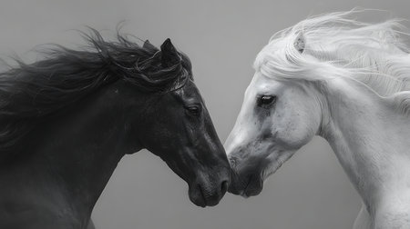 Two horses face to face, black and white. Studio shot.の素材