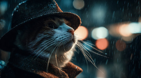 Portrait of a cat wearing a hat and coat in the rainの素材