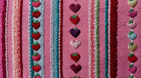 Detail of a colorful hand-woven fabric with embroidered heartsの素材
