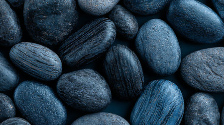 Blue pebbles texture background. Top view, flat lay.の素材
