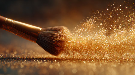 Makeup brush with golden dust on bokeh background, close upの素材