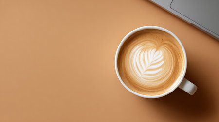 Coffee cup with latte art on beige background.の素材