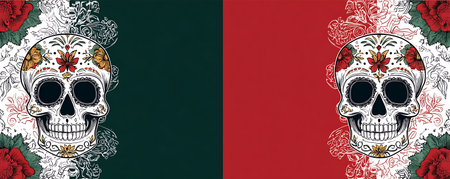 Skulls with floral ornament on the background of the flag of Peruの素材