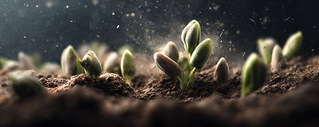 Young sprouts of green hyacinth in the soil on a black backgroundの素材