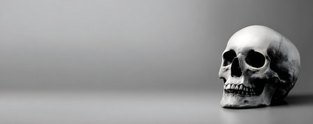 Human skull on gray background. Halloween concept. Copy space for text.の素材