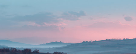 Panoramic view of foggy morning in the Tuscanyの素材
