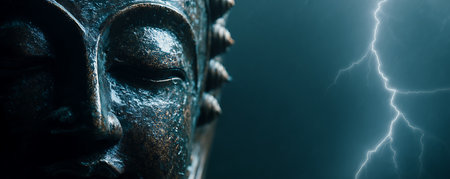 Buddha statue with lightning in the background, panoramic shotの素材