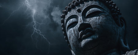 Buddha statue on dark background with lightning. Panoramic bannerの素材