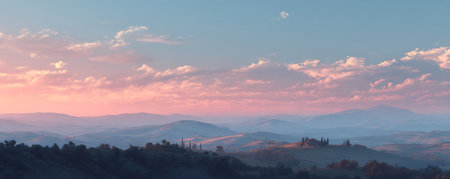 Panoramic view of Tuscany hills at sunset, Italyの素材