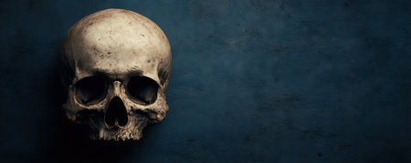 Human skull on grunge blue background with copy space. Halloween conceptの素材