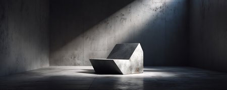 3d rendering of a concrete cube in a dark room with sunlightの素材