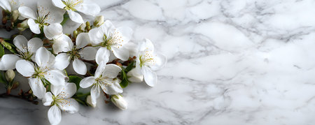 Flowering branch of cherry on white marble background, closeupの素材