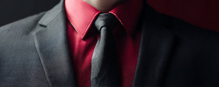 Close up of a man wearing a red shirt and a black tieの素材