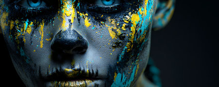 Close-up portrait of a beautiful woman with black and yellow paintの素材