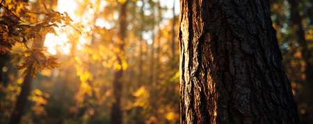 Autumn forest in the rays of the setting sun. Selective focus.の素材