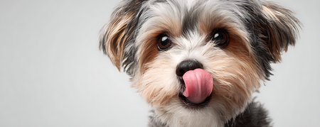 Cute yorkshire terrier puppy sticking out tongue on white backgroundの素材
