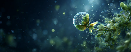 Transparent soap bubbles with green leaves on dark background. 3D renderingの素材