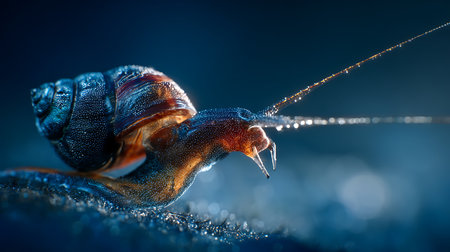 Snail crawling on a blue background. Close-up. Macroの素材