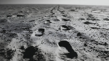 black and white image of footprints in the sand on the beach.の素材