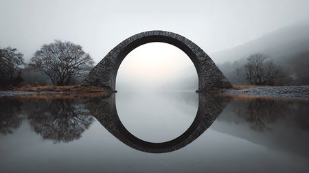 3d rendering of a stone bridge reflected in a lake in the fogの素材