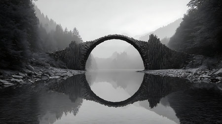 Black and white photo of a bridge in the middle of a mountain lakeの素材