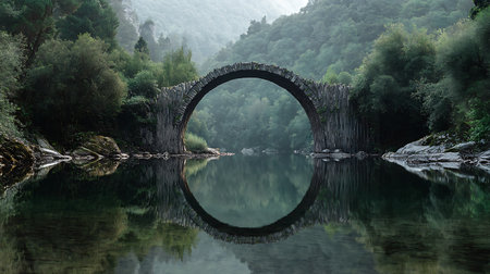 Stone bridge over the river in the forest with reflection in the waterの素材