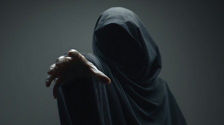 Hands of muslim woman praying on dark background. Close-upの素材