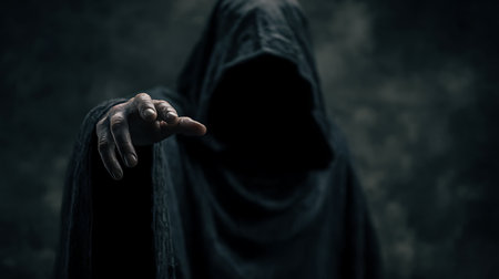 Hooded man in black clothes pointing on a dark background.の素材