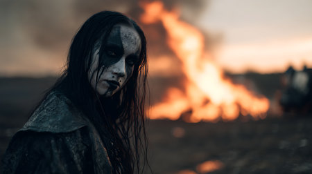 Scary zombie woman with blood on her face in front of a burning forestの素材