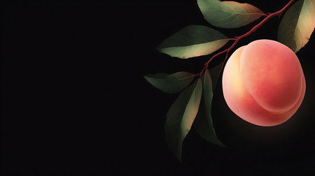 Fresh apricot with green leaves on black background. Space for textの素材