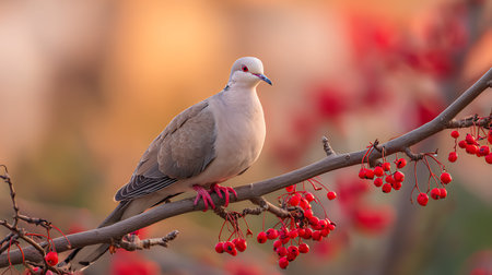 Laughing dove perched on a branch with red berries in the backgroundの素材