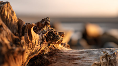 Close up of driftwood on the beach at sunset, selective focusの素材