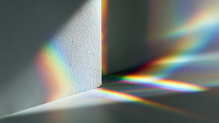 Rainbow refraction on a white wall in a room. Abstract backgroundの素材