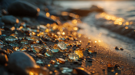 Sea stones on the beach at sunset. Selective focus. Shallow depth of field.の素材