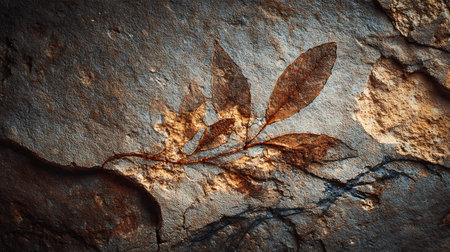 Leaf print on stone wall. Abstract background. Toned.の素材