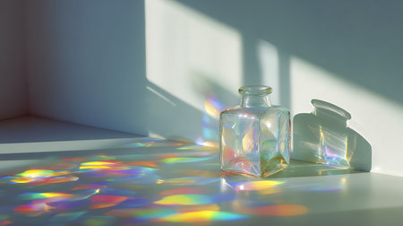 Two transparent glass bottles on a white background with shadows from the windowの素材