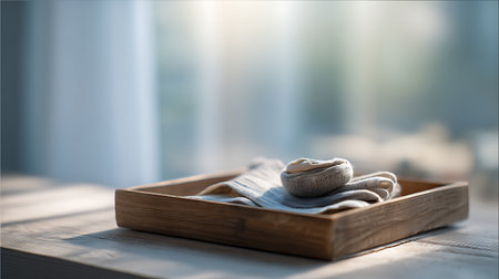 Baby clothes in a wooden tray on a wooden table in the sunlightの素材