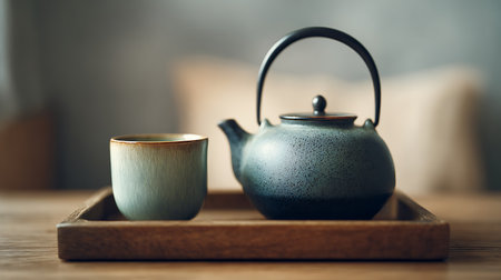 teapot and cup of tea on wooden tray, stock photoの素材